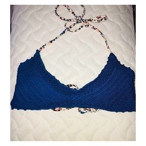 Navy Crochet Bathing Suit Top with Cheetah Print Straps